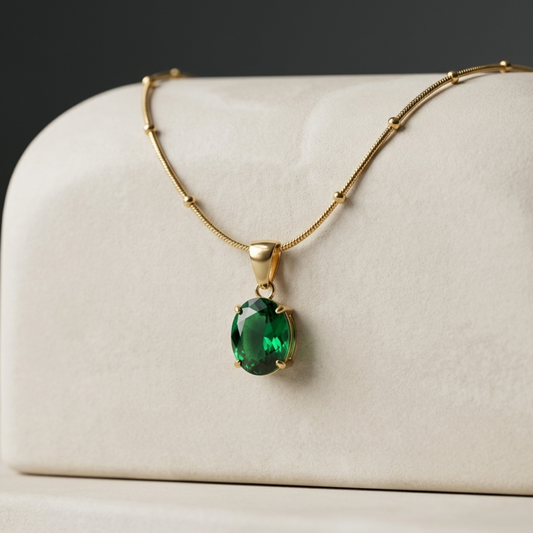 Emerald green oval pendant necklace with 18k gold plated anti-tarnish chain, minimal waterproof jewelry for everyday wear