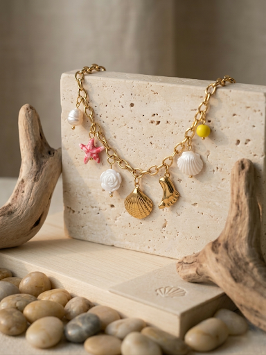 Bohemian beach charm necklace with gold chain, waterproof summer jewelry