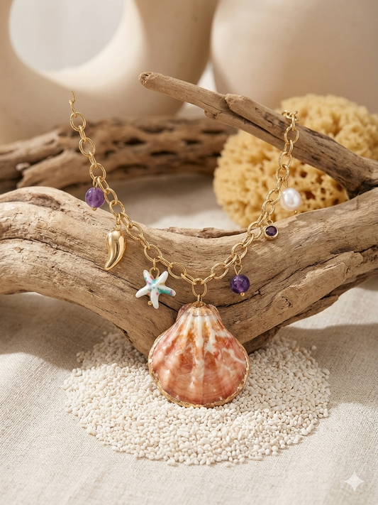 Seashell gold charm necklace paired with beachwear for boho summer vibe