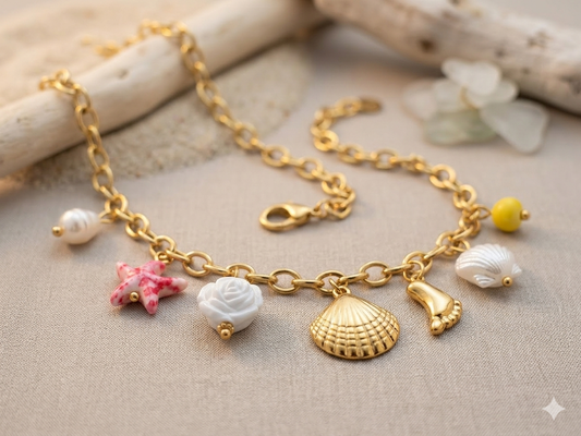Detailed view of bohemian charm necklace with ocean-inspired elements